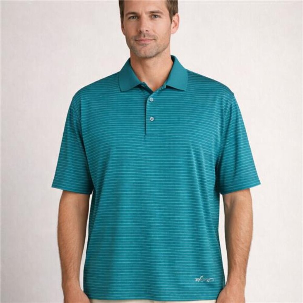 Greg Norman ML75 Polo Shirt Men's XL Green Striped Short Sleeve Stretch